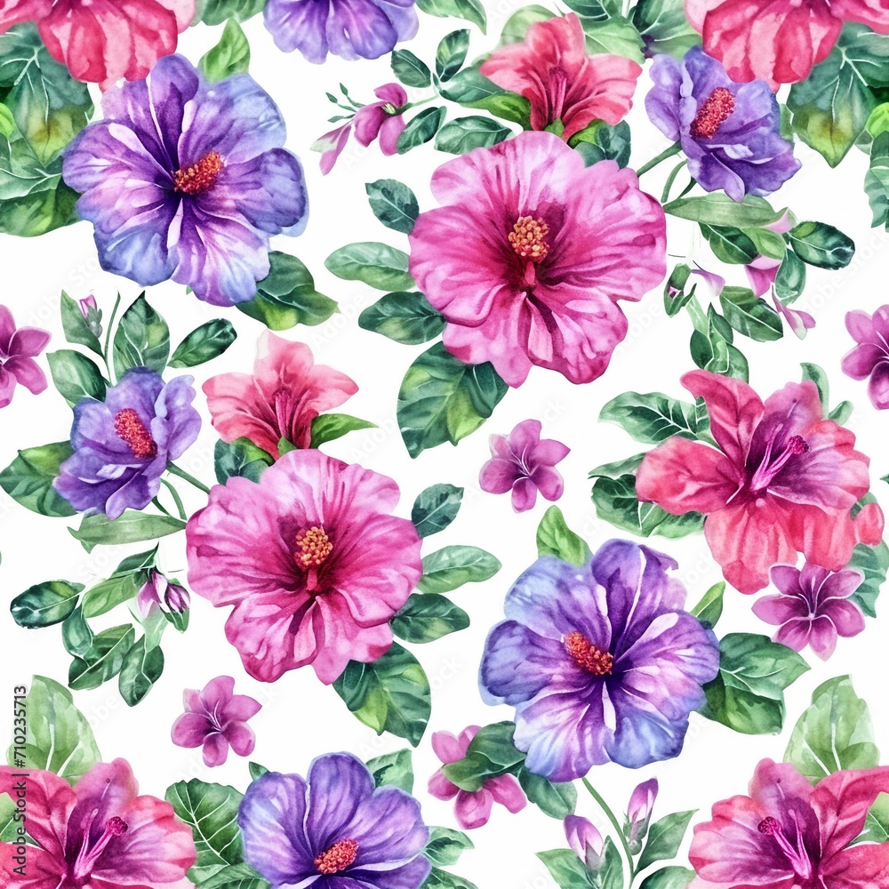 Watercolor flowers pattern, purple and pink tropical elements, green leaves, white background