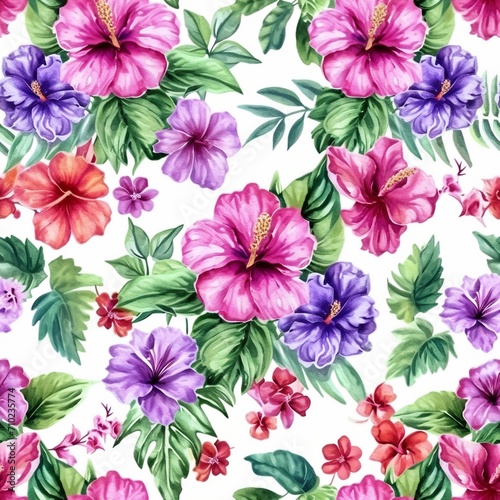 Watercolor flowers pattern  purple and pink tropical elements  green leaves  white background