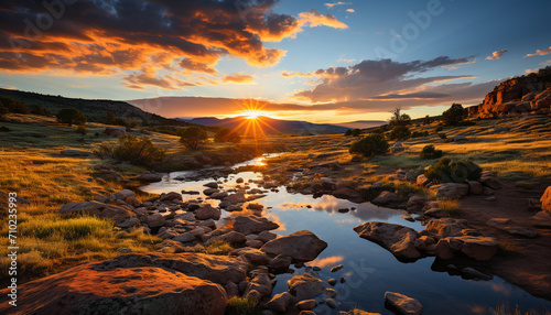 Majestic mountain peak reflects tranquil sunset beauty generated by AI