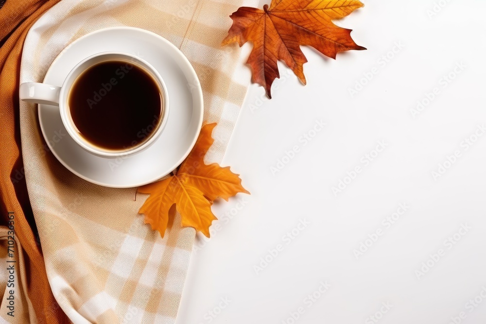 Autumn themed composition with coffee plaid and dried leaves on a white background Top view copy space available Autumn themed composition with coffee plaid and dried leaves on a white background Top view copy space available