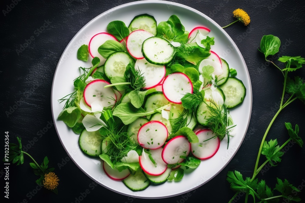 Healthy top view of fresh vegetarian salad with radish cucumber and arugula Healthy top view of fresh vegetarian salad with radish cucumber and arugula