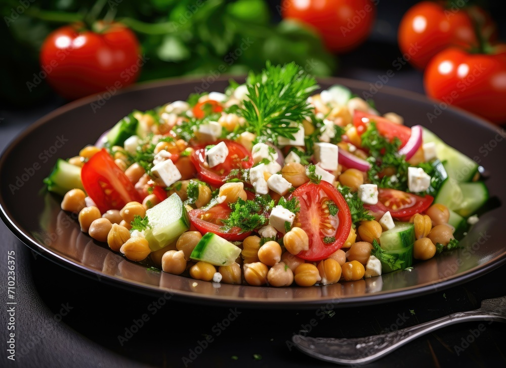 Healthy vegetarian chickpea salad with feta cheese lemon and Mediterranean flavors on a plate focused