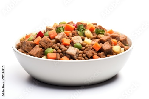 Healthy premium homemade pet food for dogs and cats with meat and vegetables in a bowl seen from a low angle and isolated on white