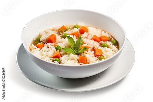 Healthy vegetable soup with rice in a white bowl on a saucer Side view isolated on white