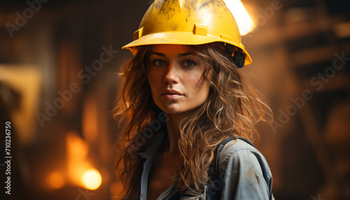 Young adult woman engineer working outdoors with confidence generated by AI