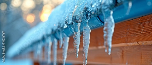 Water icicles made of ice dangle from a house's roof in the snow during the chilly winter. photo