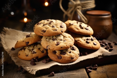 Homemade chocolate chip cookies against wooden backdrop