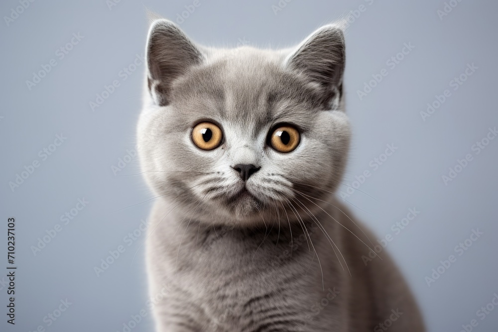 Hungry 6 month old British shorthair kitten portrait on gray background with copy space