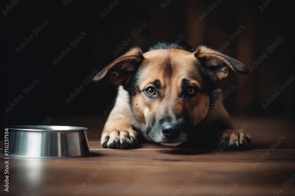 Hungry dog with blue eyes waits and eats kibble from bowl