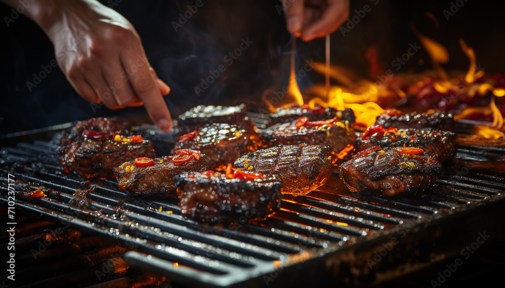 Naklejka premium Grilled meat on a hot barbecue, summer feast generated by AI