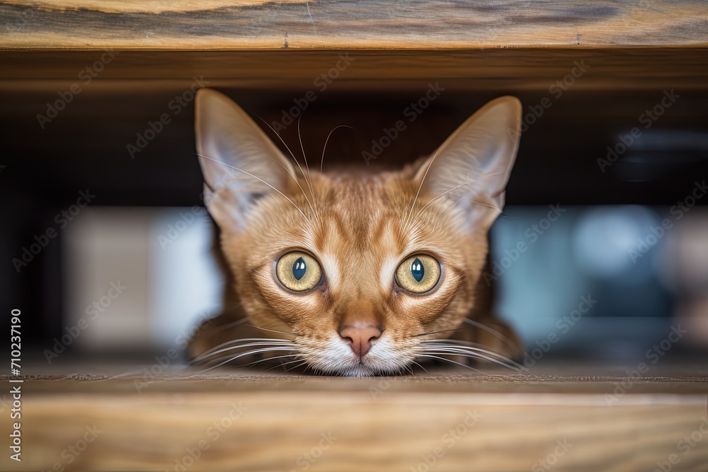 Indoor Abyssinian cat tilting head hiding under wooden furniture looks at camera
