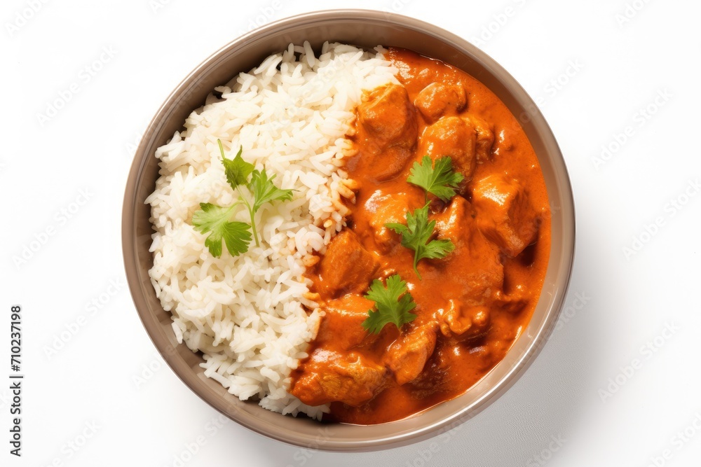 Indian Butter Chicken with Rice Photo Creamy Chicken Curry White Background Indian Butter Chicken with Rice Photo Creamy Chicken Curry White Background