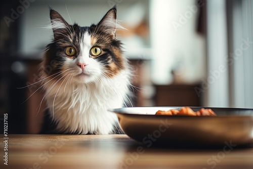 Hungry cat with colorful eyes by food bowl at home kitchen looking at camera