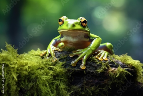 Indonesian tree frog mimics laughter while sitting on moss close up