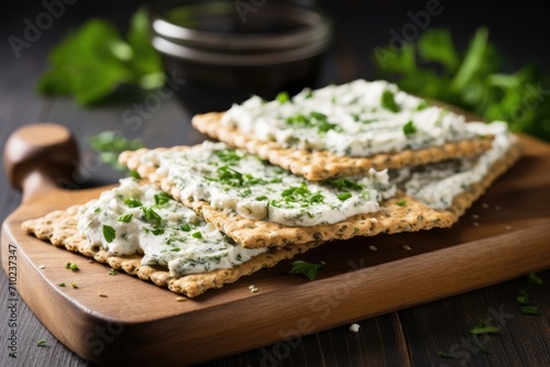 Cottage Cheese and parsley on white wooden board with homemade Crispbread toast
