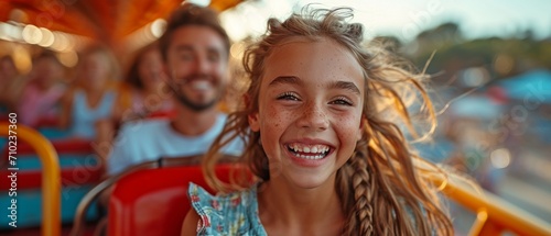 Fototapeta Naklejka Na Ścianę i Meble -  A young family enjoying a theme park rollercoaster ride. yelling, laughing, and having a great time on their summer holiday together