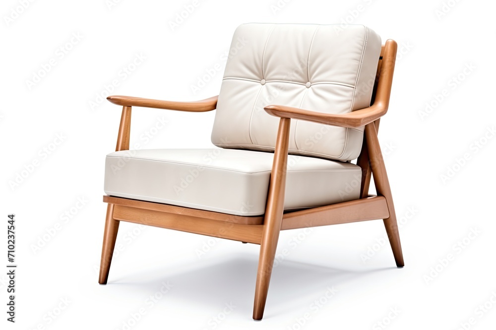 Isolated white lounge chair Modern armchair with solid wood frame Beige armchair with wooden armrests Side view of wooden lounge chair Isolated white lounge chair Modern armchair with solid wood frame Beige armchair with wooden armrests Side view of wooden lounge chair