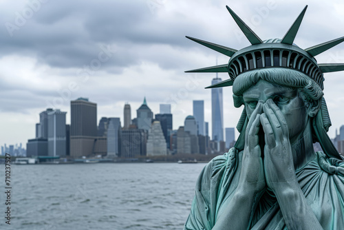 Emotional statue of liberty with her head in hands. American state of grief and depression photo