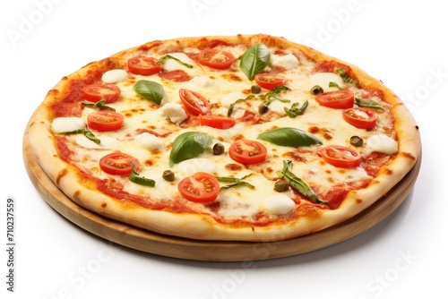 Italian pizza with melted mozzarella olives tomatoes fresh vegetables and basil on white background