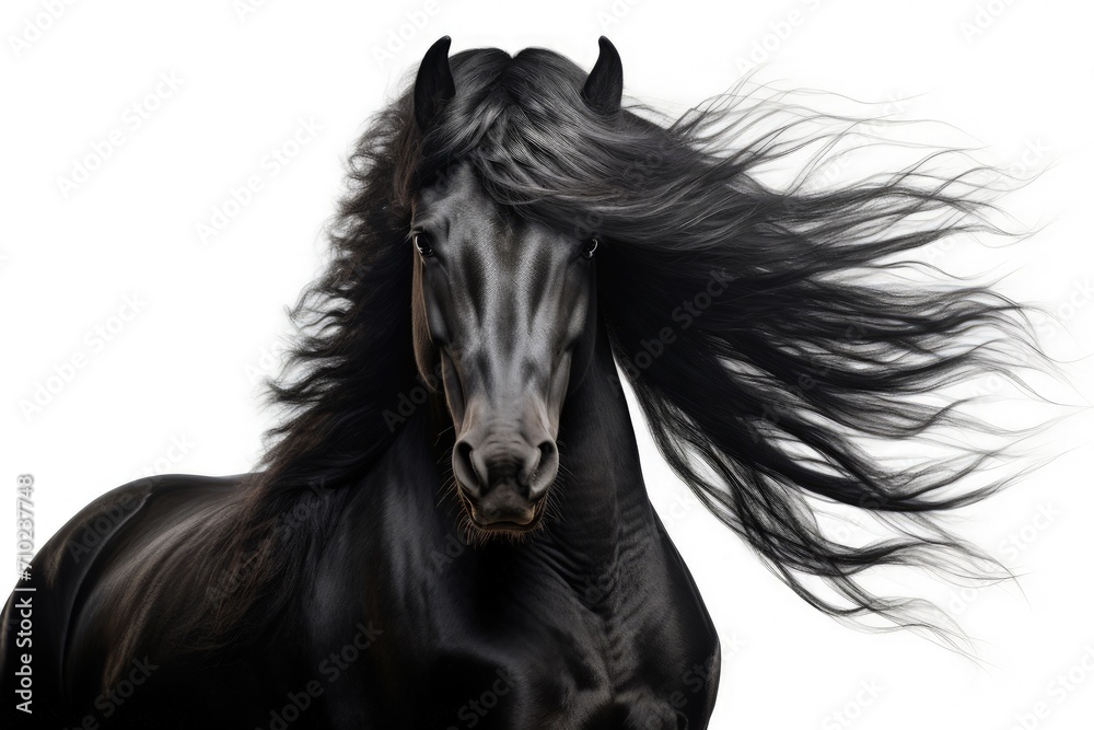 A white background portrait of a black stallion with a long mane in motion A white background portrait of a black stallion with a long mane in motion
