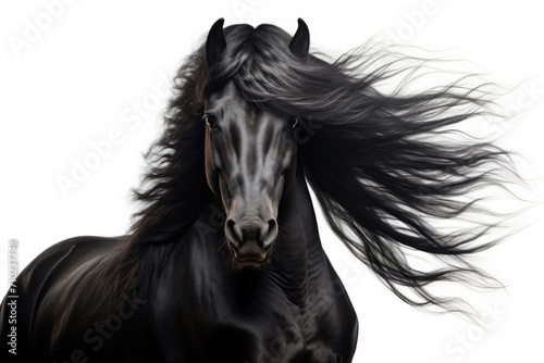 A white background portrait of a black stallion with a long mane in motion © LimeSky
