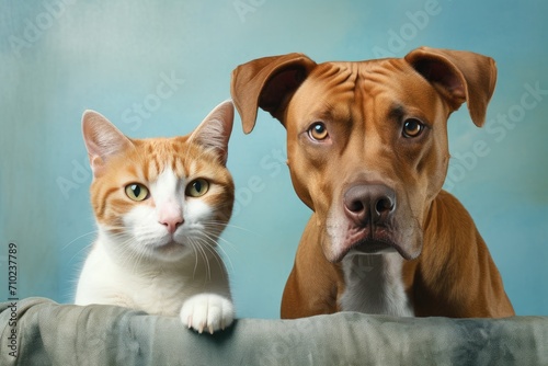 Two domestic animals showcased in the banner, featuring a focused American Staffordshire dog and a ginger cat averting its gaze.