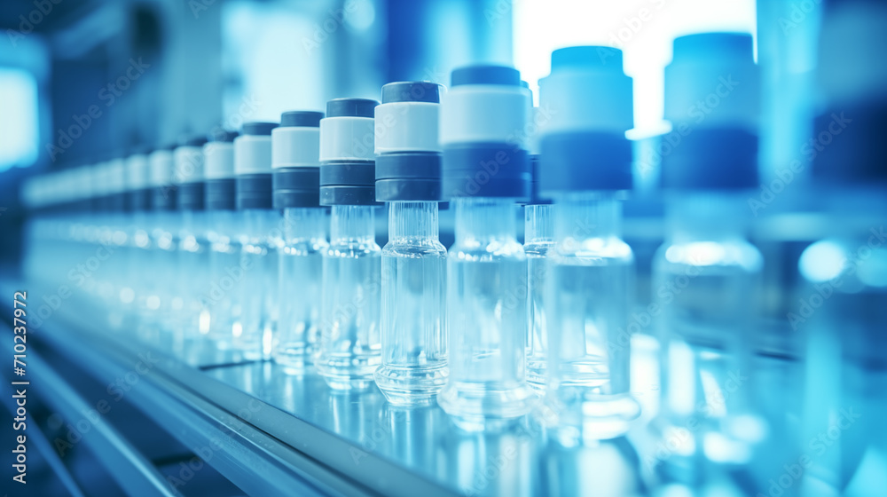Vaccine vials on a modern production line in a pharmaceutical factory Vaccine vials on a modern production line in a pharmaceutical factory