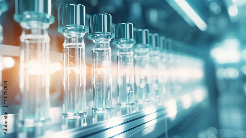 Vaccine vials on a modern production line in a pharmaceutical factory Vaccine vials on a modern production line in a pharmaceutical factory