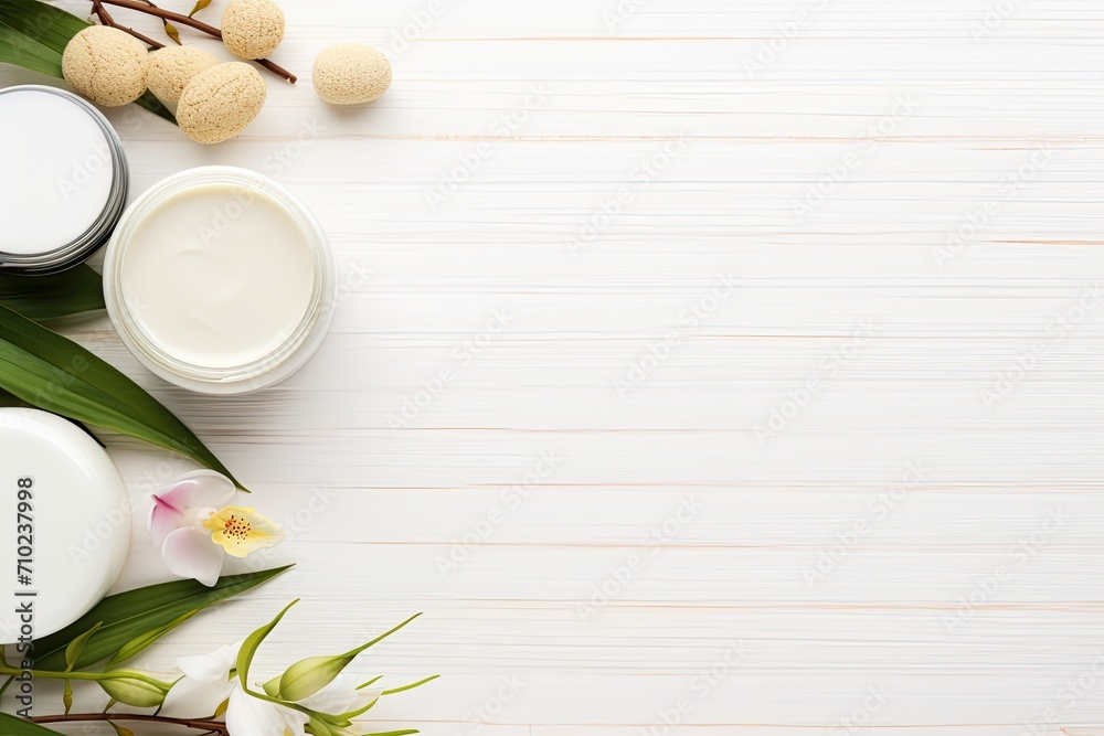 A white background showcases the top view of cosmetic products containing natural ingredients, promoting a natural beauty aesthetic. A white background showcases the top view of cosmetic products containing natural ingredients, promoting a natural beauty aesthetic.