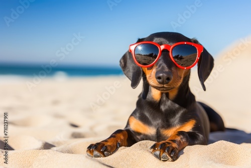 A gorgeous dachshund, with a black and tan coat, relaxing in the sand at the beach during a summer vacation, adorned with stylish red sunglasses.