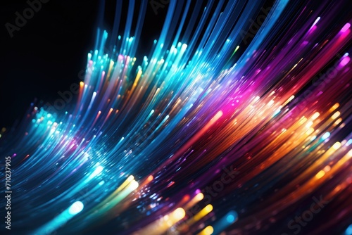 A detailed view of a colorful abstract background representing the concept of fiber optics and communication through the internet.