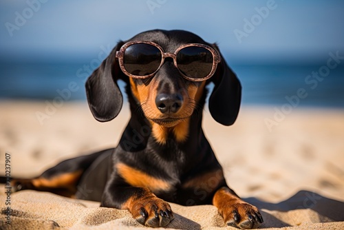 A lovely dachshund, with a black and tan coat, is looking adorable wearing stylish red sunglasses