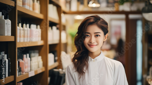 Asian woman beauty business owner Wearing an apron, the hairdresser stood and smiled. happily own business Blurred beauty salon background