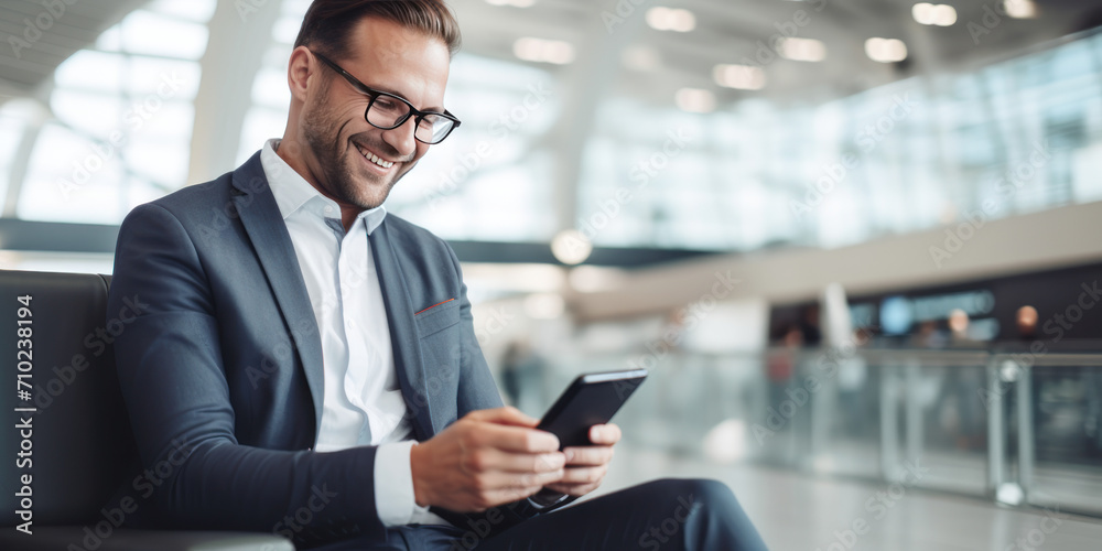 Smiling Businessman in Airport Terminal Melding Business and Travel, Staying Connected with Digital Tablet Smiling Businessman in Airport Terminal Melding Business and Travel, Staying Connected with Digital Tablet