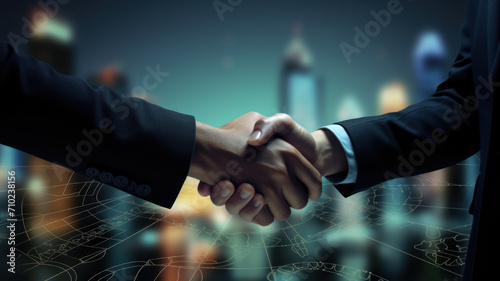 Business handshake in backdrop of rising economic growth and global business development charts