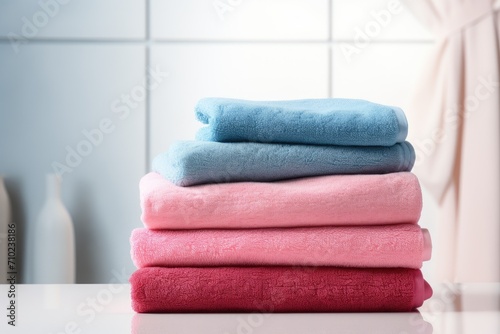 A pile of pink and blue towels is placed on a white surface in a separate area © LimeSky