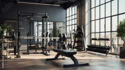 Modern Light-Filled Gym Featuring a Rack with Barbells of Various Weights © wiparat