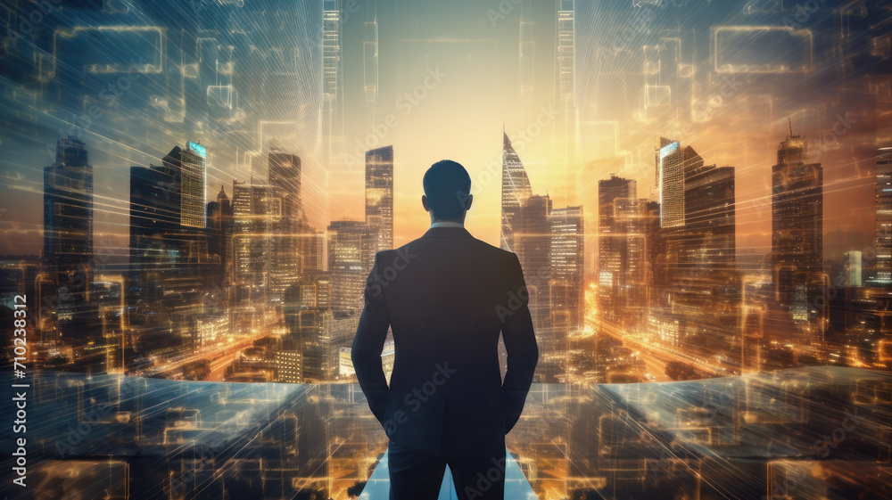 close up double exposure image of the business man standing back during sunrise overlay with cityscape image. The concept of modern life, business, city life and internet of things