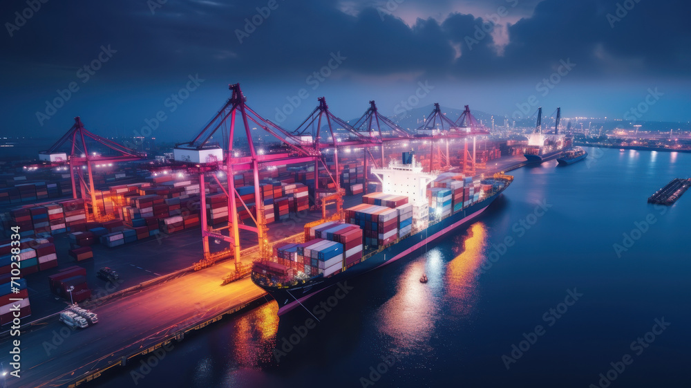 Container ship   unloading in deep sea port, Aerial  business commercial trading logistic import and export freight transportation, Container loading cargo freight ship maritime