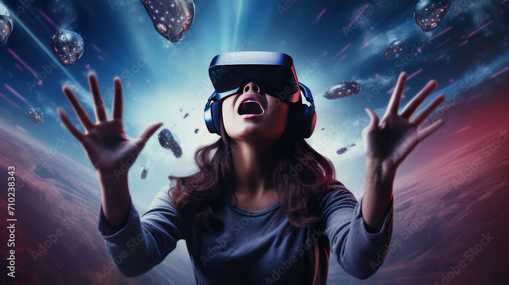double exposure Amazed young woman or man touching the air during the VR experience. on gamer background