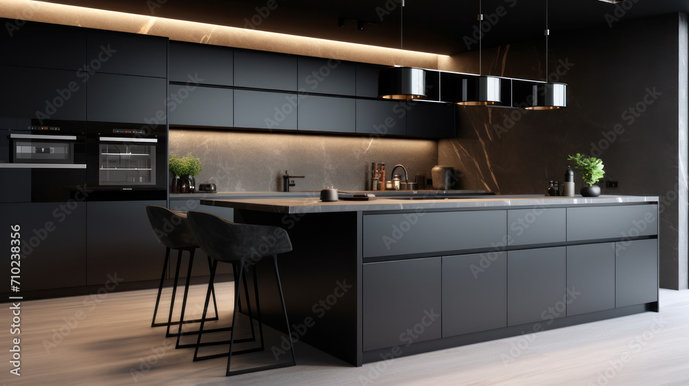 Front view of a modern designer kitchen with smooth handleless cabinets with black edges, black glass appliances, a marble island and marble countertops