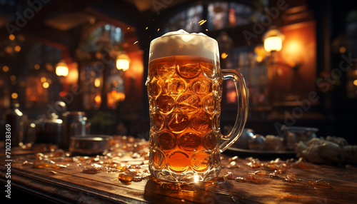 Frothy beer in a glass, illuminated pub, celebrating German culture generated by AI photo