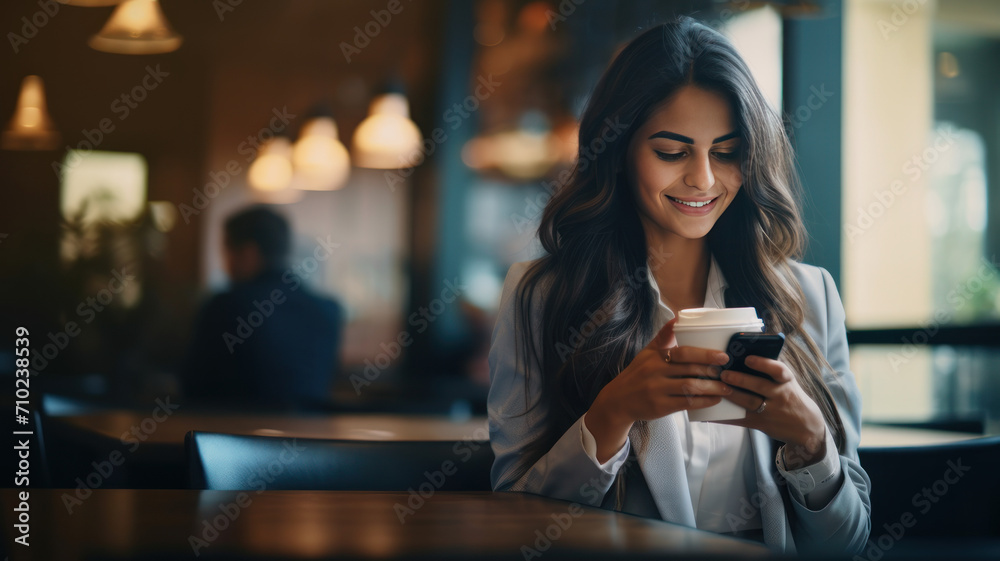 Smiling woman using mobile phone sitting in coffee bar Smiling woman using mobile phone sitting in coffee bar