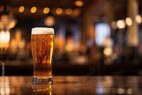 Blurry background with tall beer glass on bar counter photo