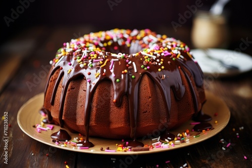 Bundt cake with melted chocolate and sprinkles