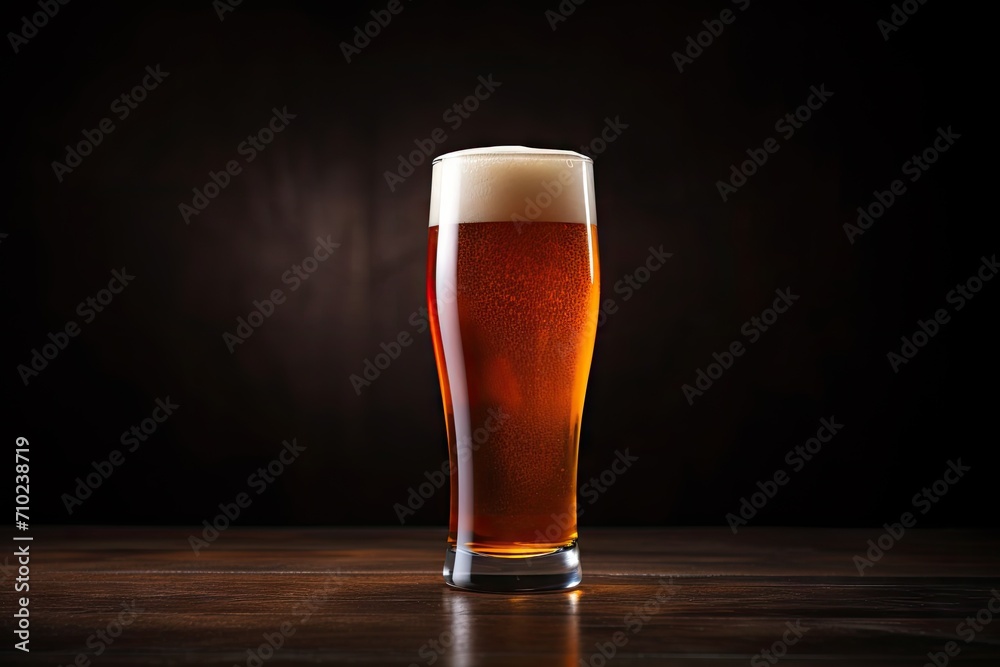 Close up of beer glass on dark table