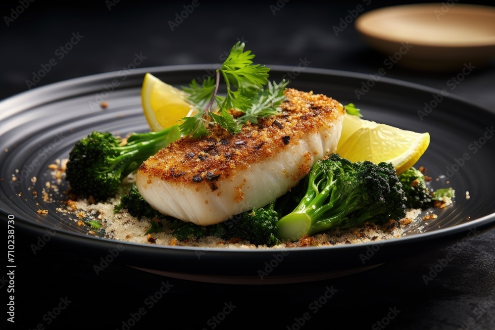 Close up of modern style pan fried skrei cod fish filet with black rice baby broccoli and portulaca lettuce on a ceramic plate - obrazy, fototapety, plakaty 