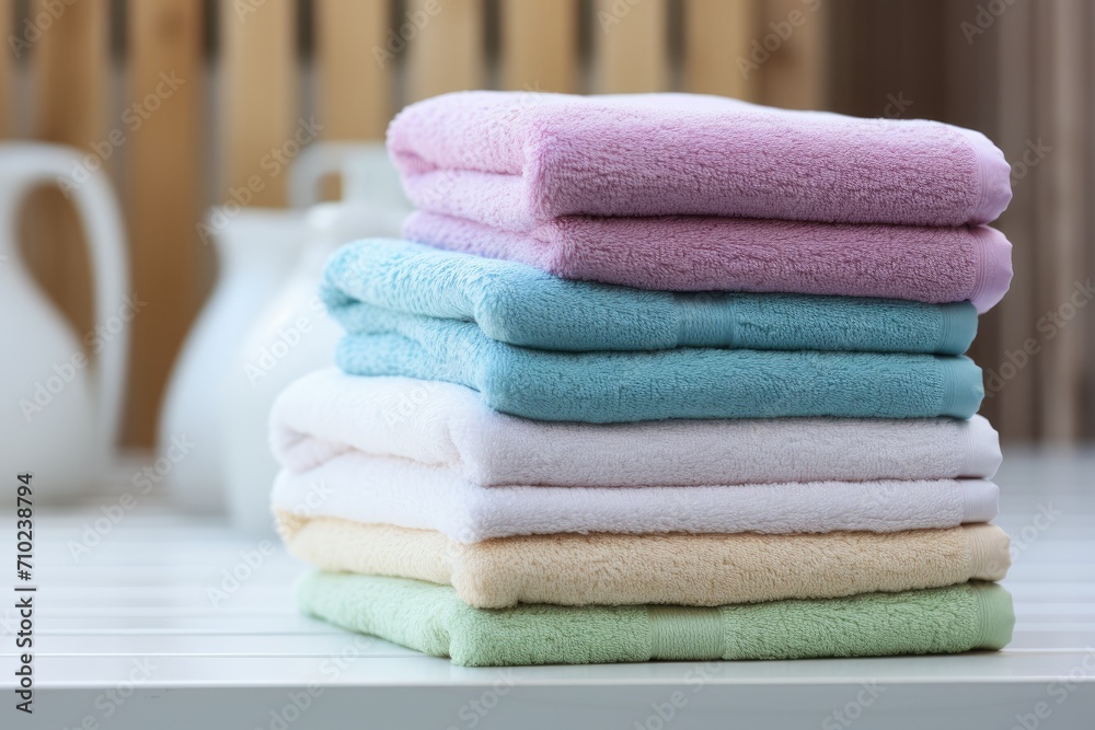 Closeup view of a pile of bath towels arranged on a light colored wooden surface Closeup view of a pile of bath towels arranged on a light colored wooden surface