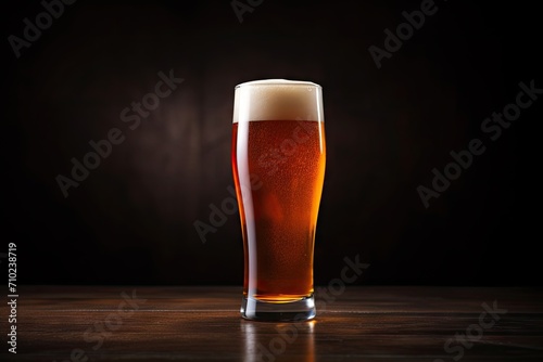 Close up of beer glass on dark table