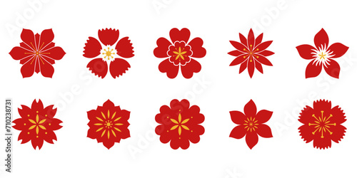 Set of flat chinese flower decoration. Abstract flower with oriental style
